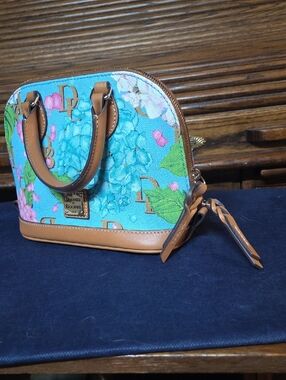 Floral Turquoise Dome Satchel with Tan Trim